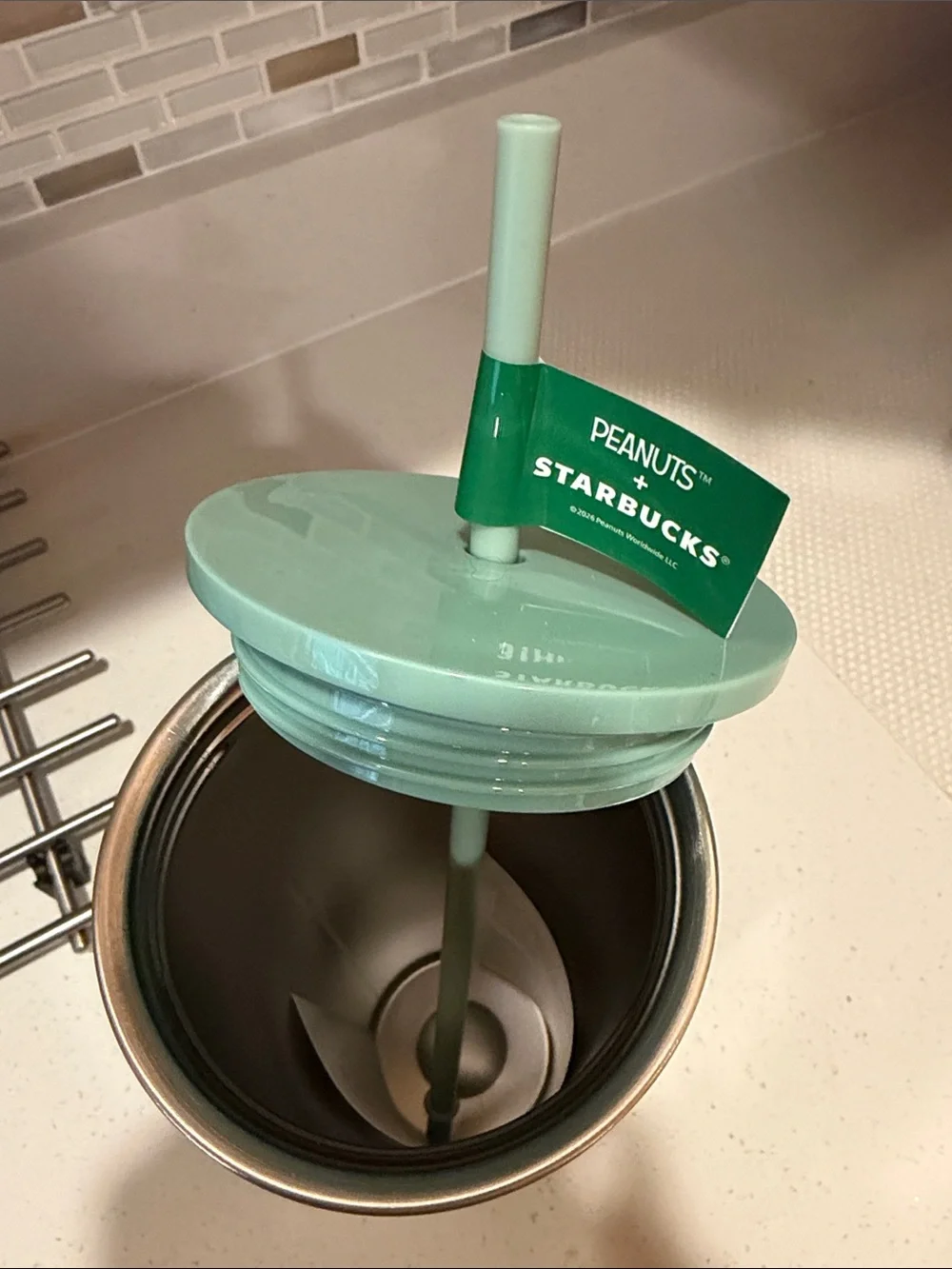 Starbucks Mint Green Peanuts Travel Tumbler with Character Art. New.